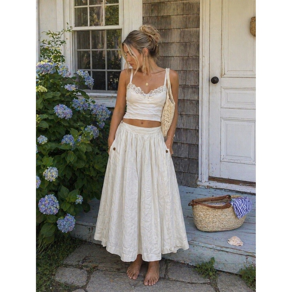 Vintage 90s Cottage Women's Linen Blend Pleated Midi Skirt Cream- Size 12